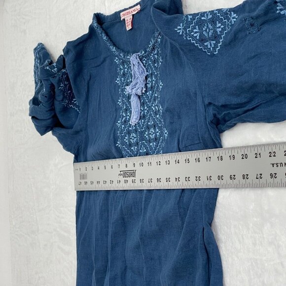 Slobozhanka Embroidered Chambray Top Size Large USA 14 Blue Tasseled Long Sleeve - Picture 3 of 7